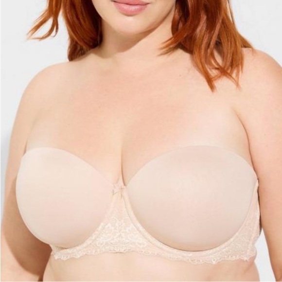 TORRID Curve Lightly Lined Multi-Way Strapless Nude Tan Cream Lace Bra 46DD NWT - Picture 1 of 16